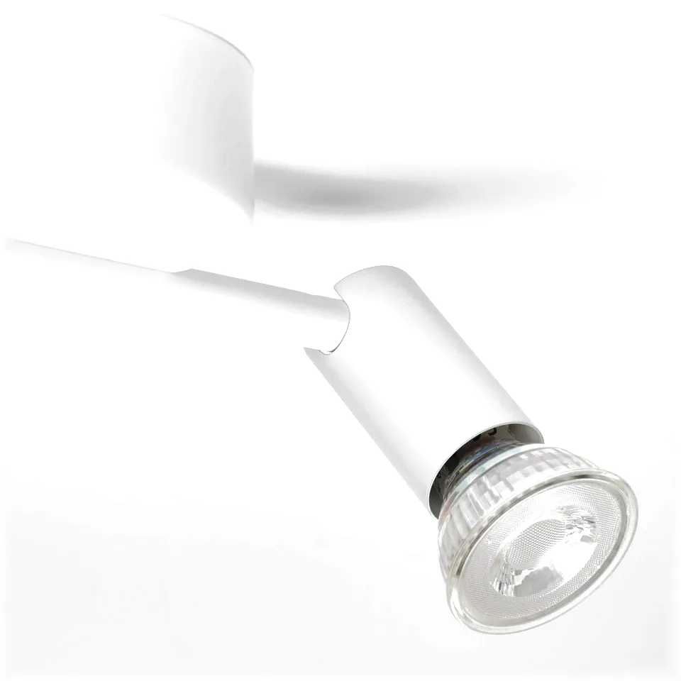 Modern white ceiling light with two adjustable spotlights, neat and sleek design.