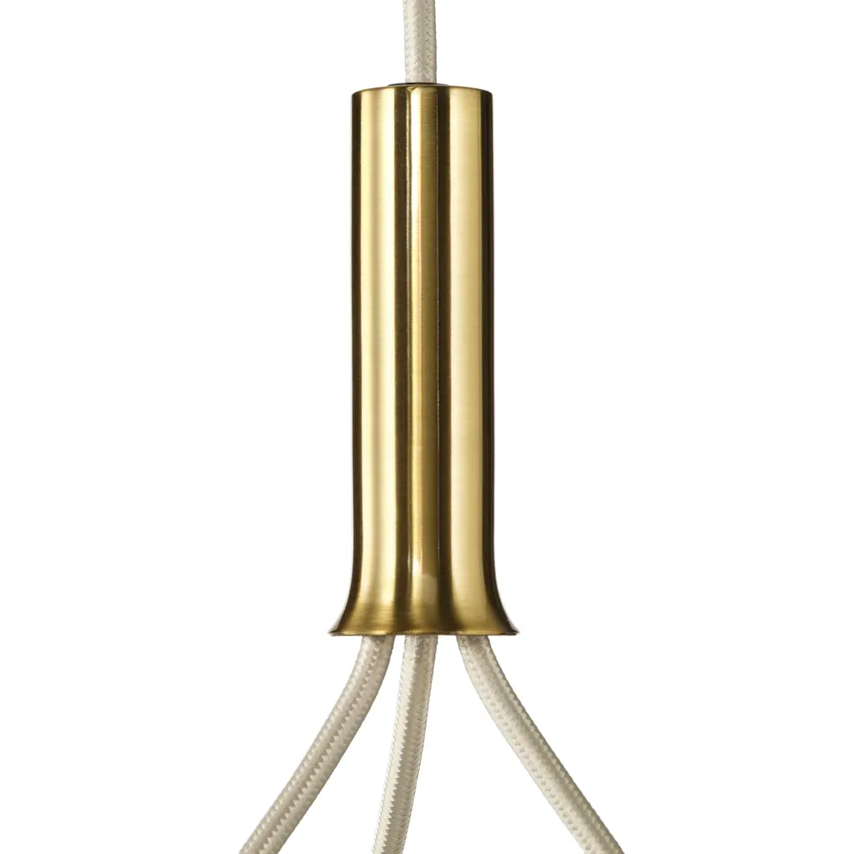 Gold metal pendant lamp fixture with white cords.