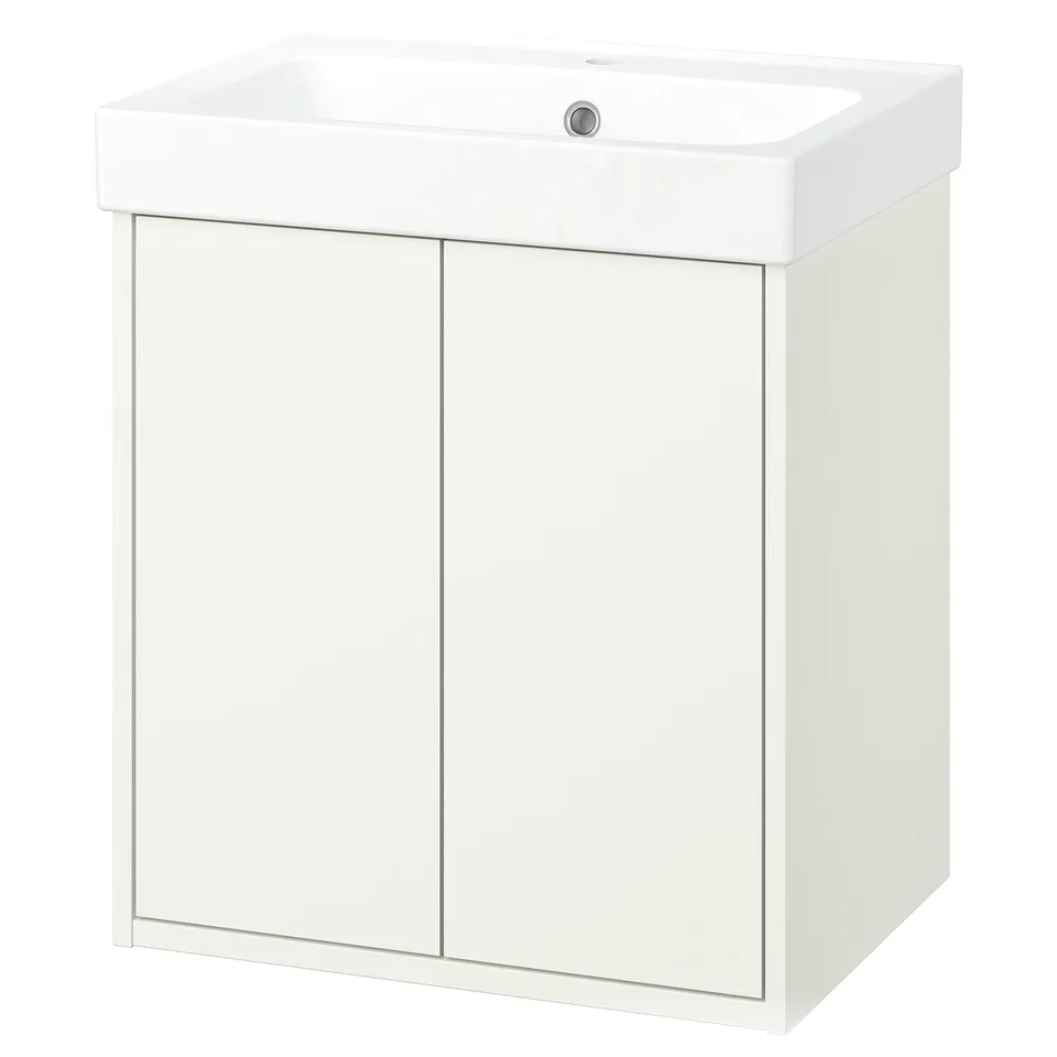 White HAVBÄCK wall-mounted bathroom cabinet with sink, clean lines, and closed storage.