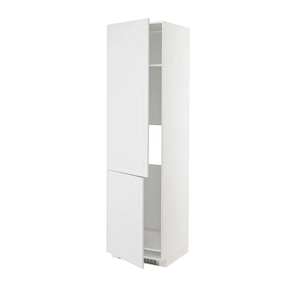 White METOD kitchen cabinet, two doors, adjustable shelves, tall and rectangular with particleboard, smooth finish, and nickel hinges.