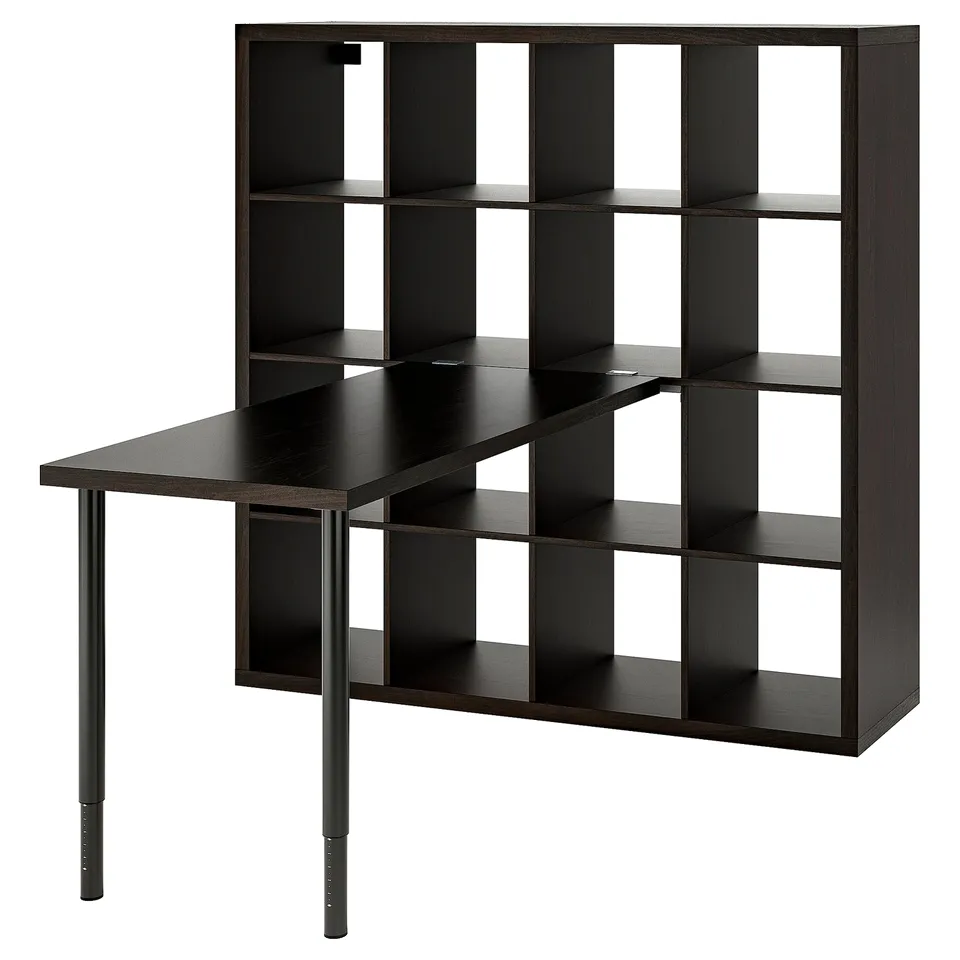 A dark brown KALLAX shelf with an attached adjustable table. It multiple compartments for storage and a simple, modern design.