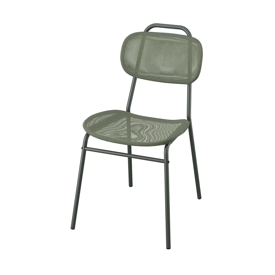 ENSHOLM green outdoor chair, carbon steel, breathable fabric, stackable, curved back.