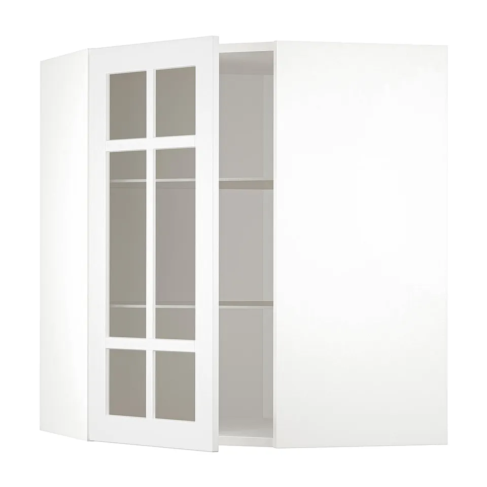 White METOD kitchen corner cabinet with frosted glass doors and adjustable shelf.