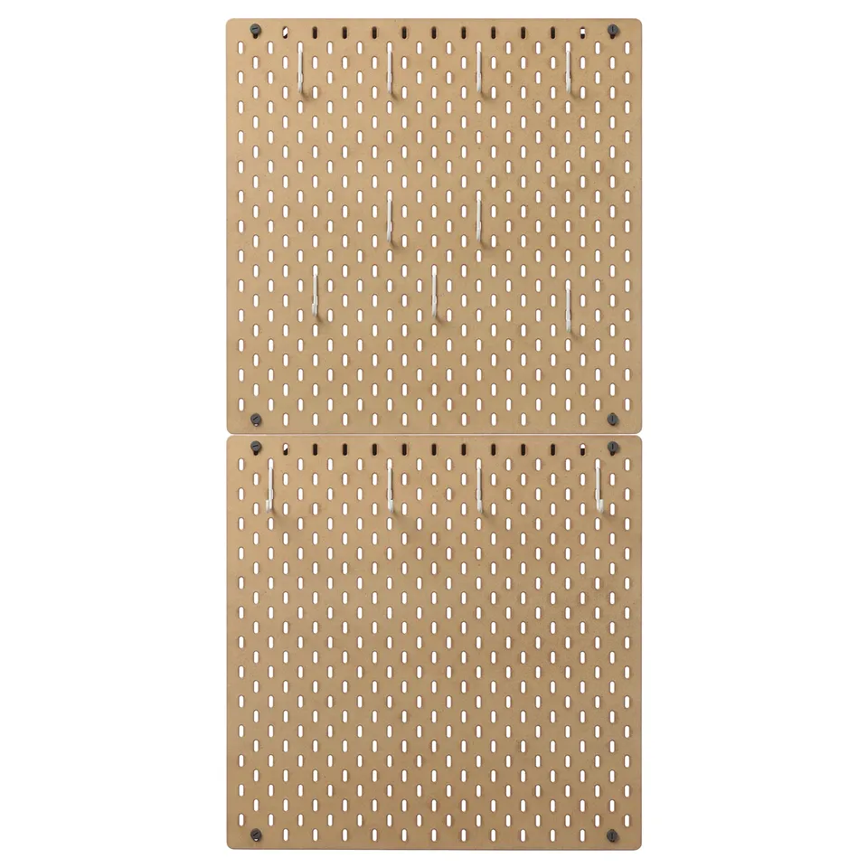 SKÅDIS beige pegboard panel with evenly spaced holes, rectangular shape for wall organisation.