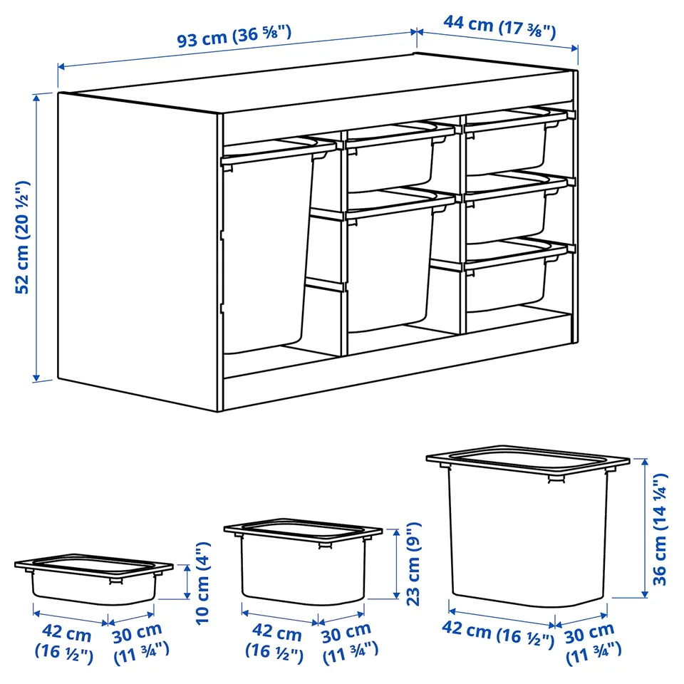 TROFAST Storage combination with boxes, light white stained pine/white, 93x44x52 cm