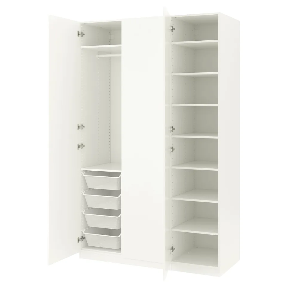 Depicts a pair of white ikea PAX wardrobes, one with open doors revealing shelves and baskets, the other closed.