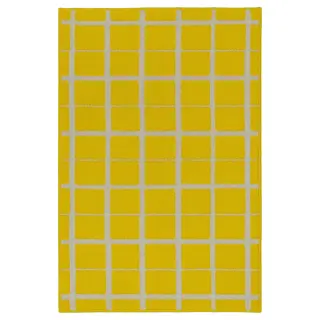 VÄNDPLATS rug, low pile, yellow/chequered, Length 90 x Width 60 cm
