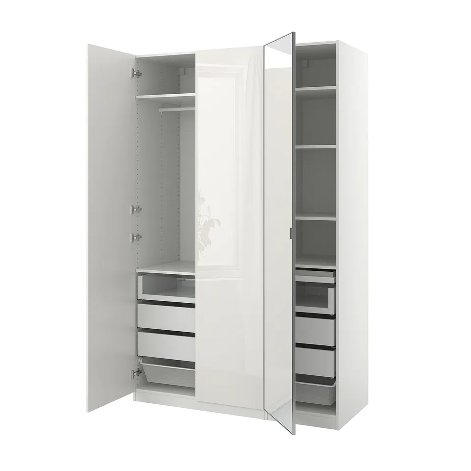 An open white PAX wardrobe with shelves and drawers.