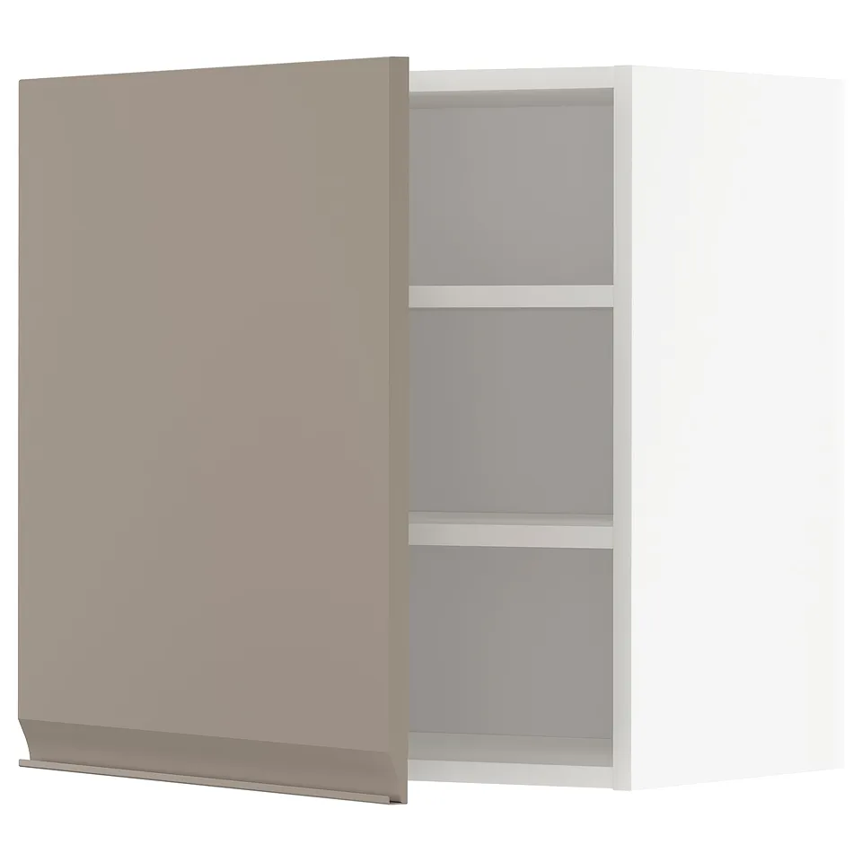 A modern kitchen cabinet with a grey-beige door and three shelves inside.
