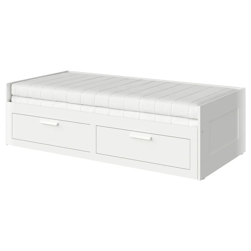 BRIMNES white day-bed with drawers, foam mattress, compact design for small spaces.
