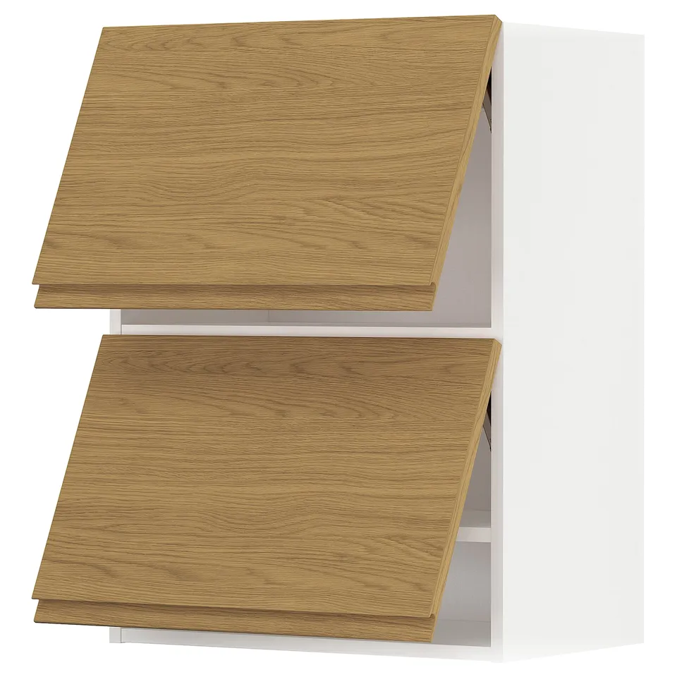 Wooden kitchen cabinets with oak finish and minimalist design, featuring two shelves and integrated handles.