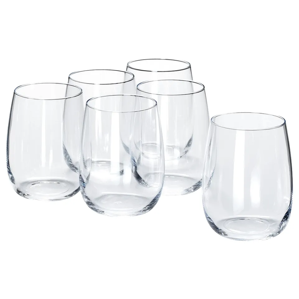 Six clear, crystal-like glasses arranged neatly, suitable for serving drinks, with a sleek, simple design.