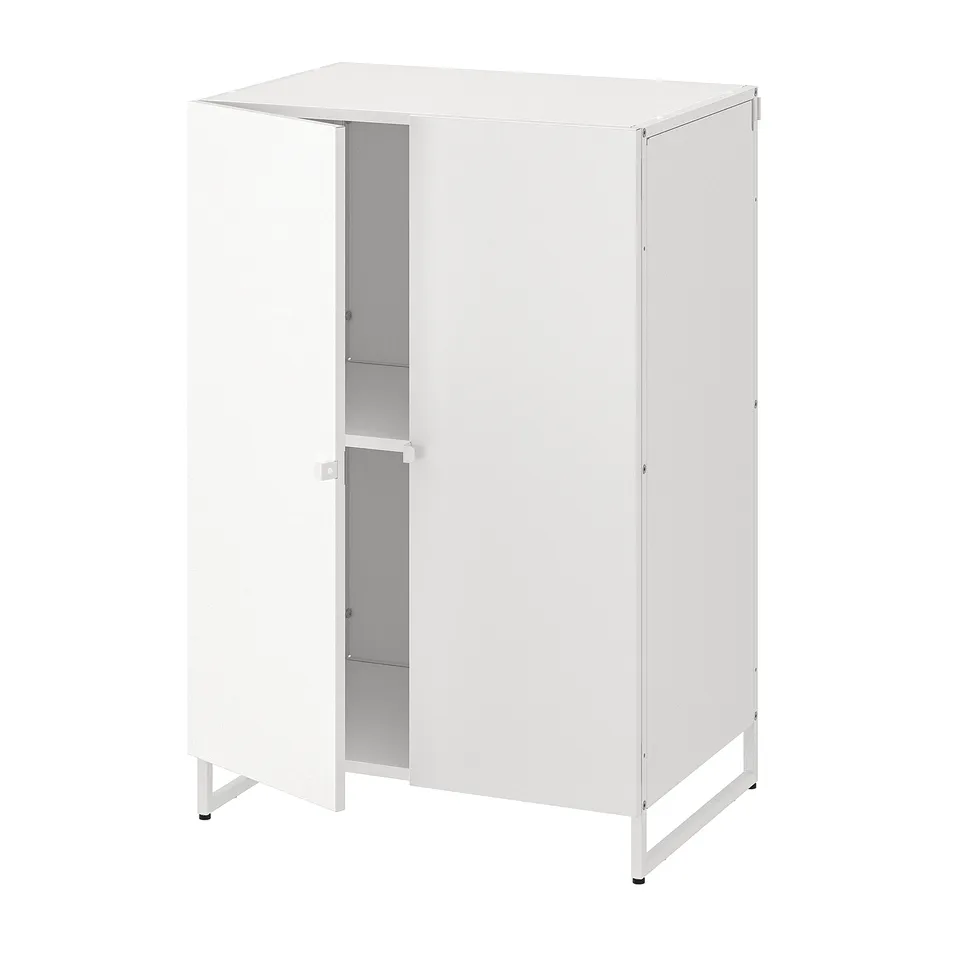 JOSTEIN white metal storage cabinet for outdoors or humid interiors, sleek design with one visible shelf.