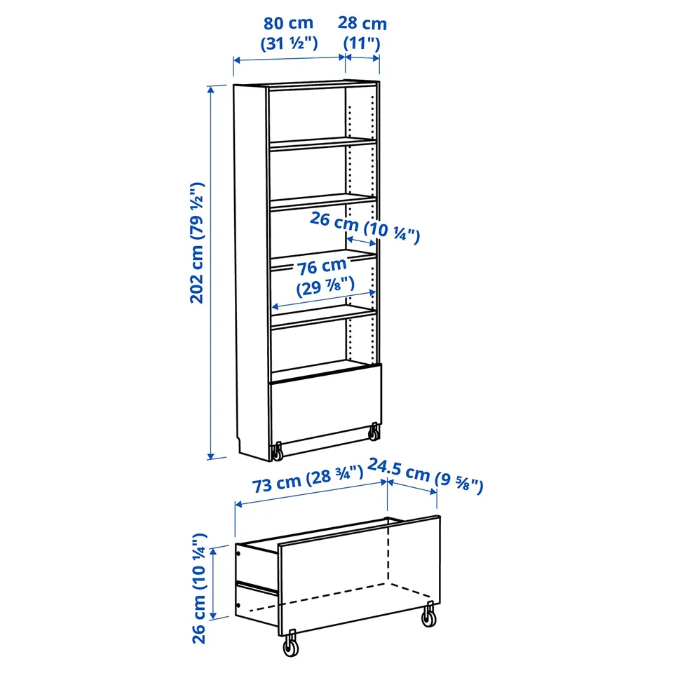 Illustration with measurements for the product: BILLY.