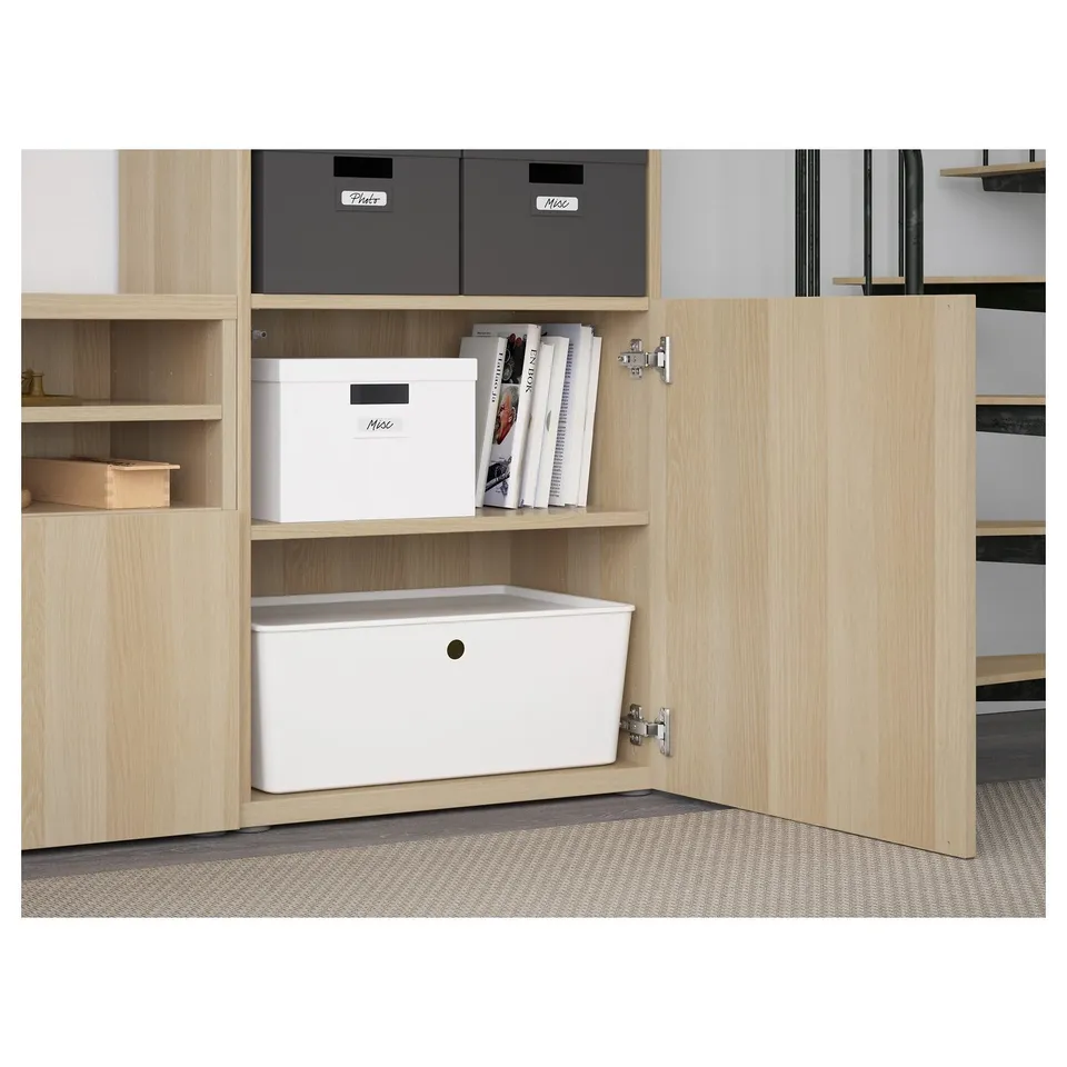 Natural wood tv storage unit with storage boxes and shelves, displaying functional cable management and adjustable shelves.