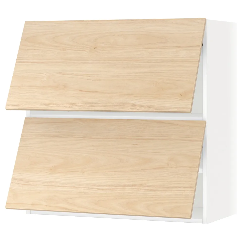 A white METOD kitchen unit with light ash wood-patterned doors. It two shelves and a sleek, minimalist design.