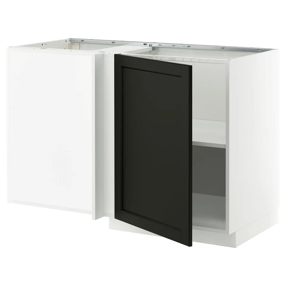 METOD kitchen unit: white & black stained ash, square, with one open shelf.
