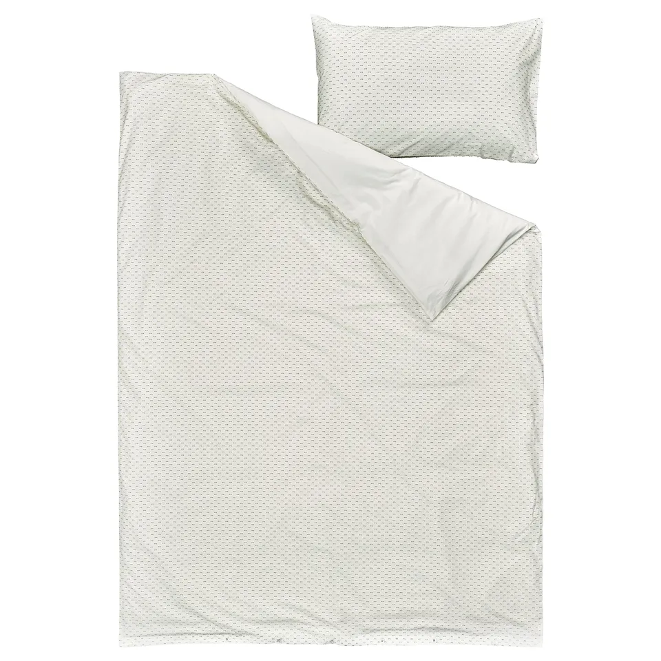 White BANDKNIPPE duvet set with green texture, cotton-made, rectangular with pillow.