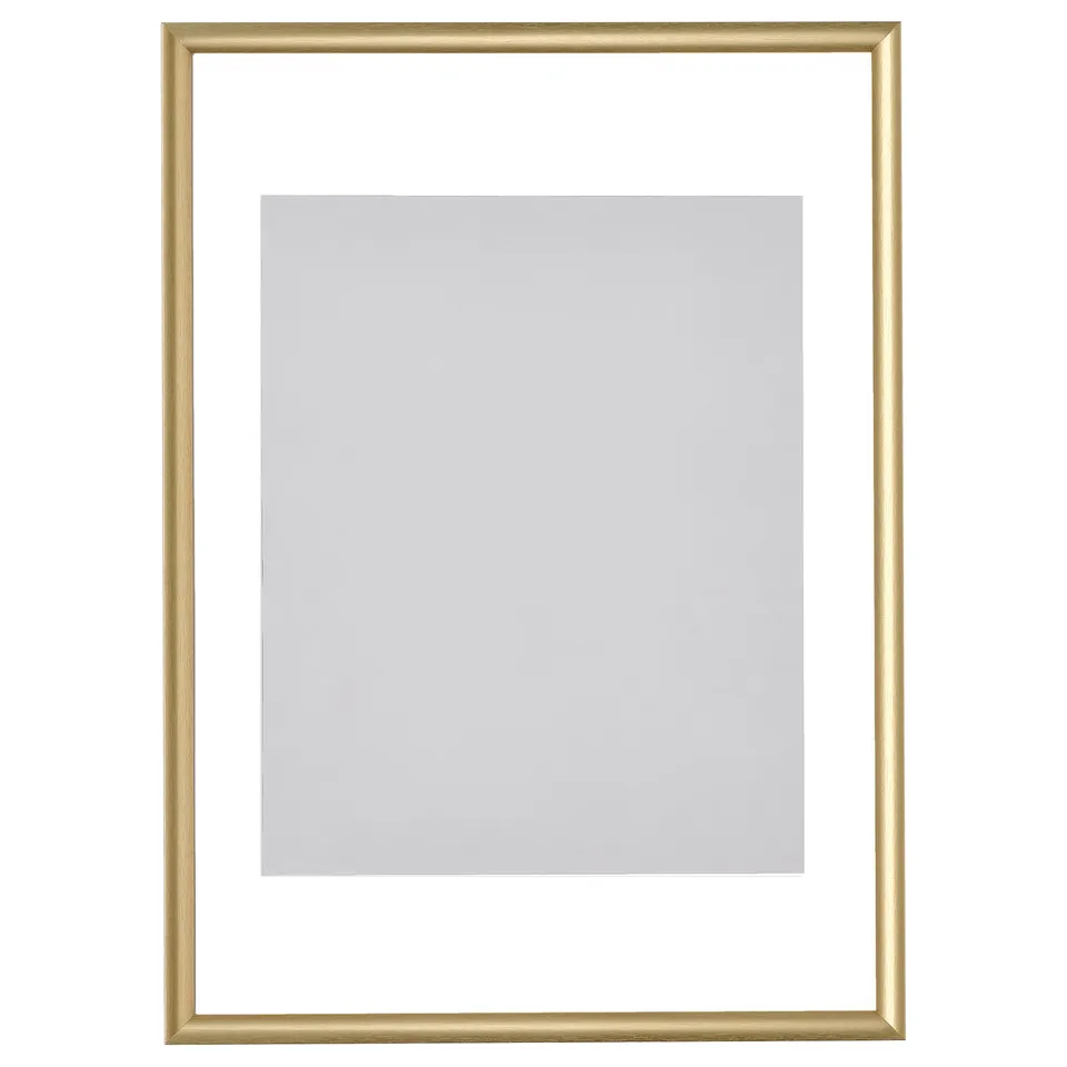 Gold-colored picture frame with clear plastic cover; rectangular, minimalist design.