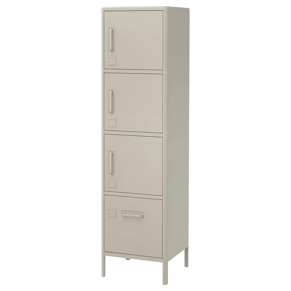 Beige IDÅSEN 4-door storage cabinet for home or office, with metal surface for magnets.