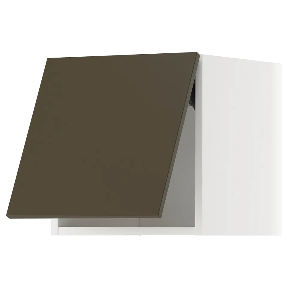 Dark brown kitchen cabinet with white sides, modern design.