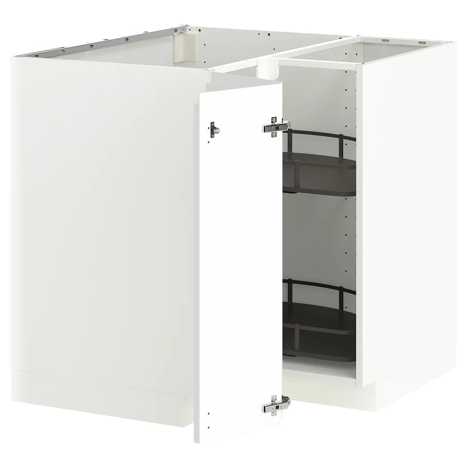 White METOD corner base cabinet with pull-out shelves.