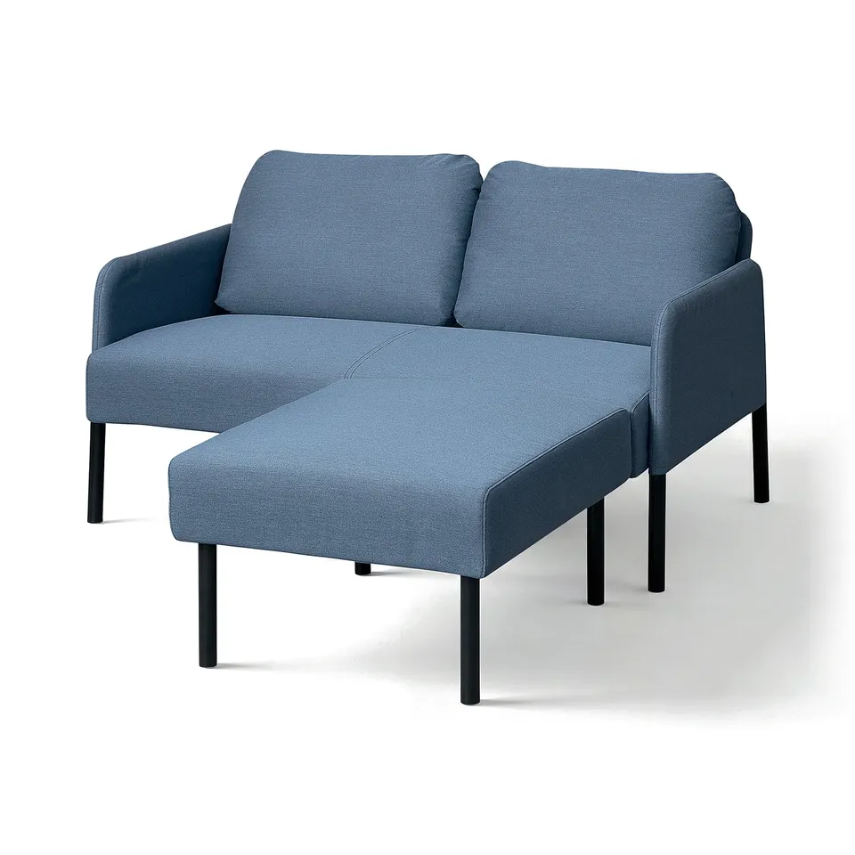Blue fabric GLOSTAD loveseat and ottoman, modern design with slim legs, cornered shape.