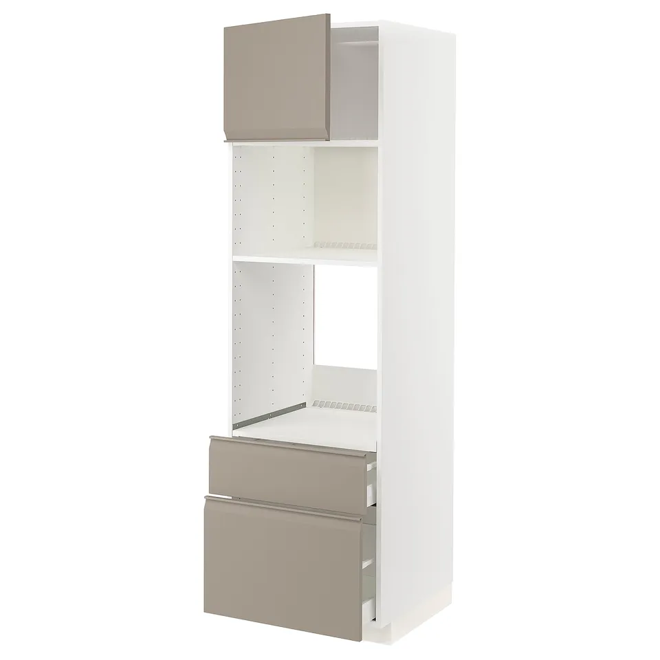 Modern kitchen unit with drawers, shelves, tall cabinet, sleek design.