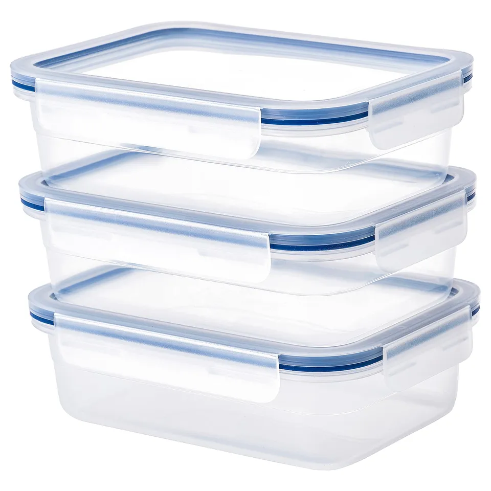 Three clear plastic, blue-lidded IKEA 365+ food containers stacked neatly, square-shaped with secure lid seals.