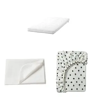 GRÖNFINK/KRUMMELUR/LEN set: foam mattress for cot + mattress protector + fitted sheet for cot