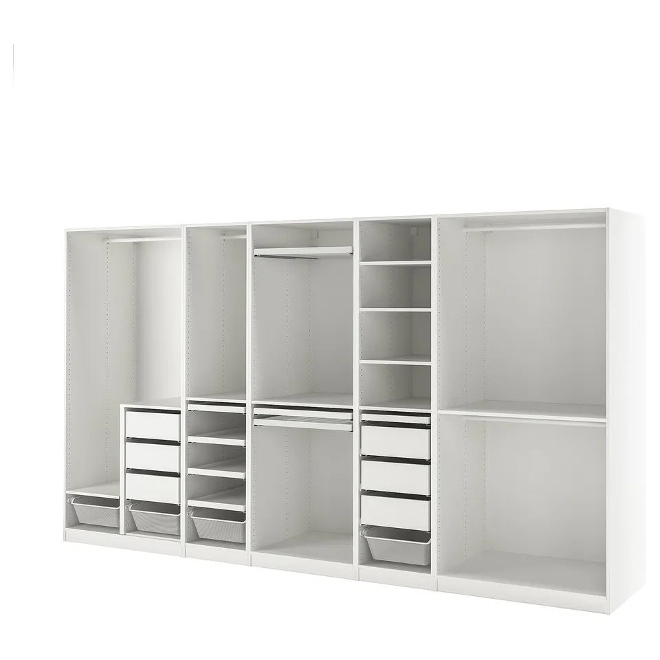 White PAX wardrobe system with shelves, drawers, hangers, and adjustable feet.