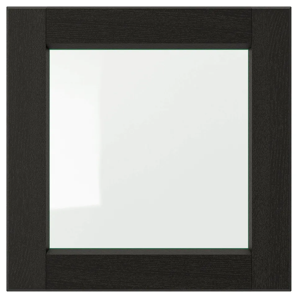 Black square wooden frame with bevelled edges and clear glass panel.
