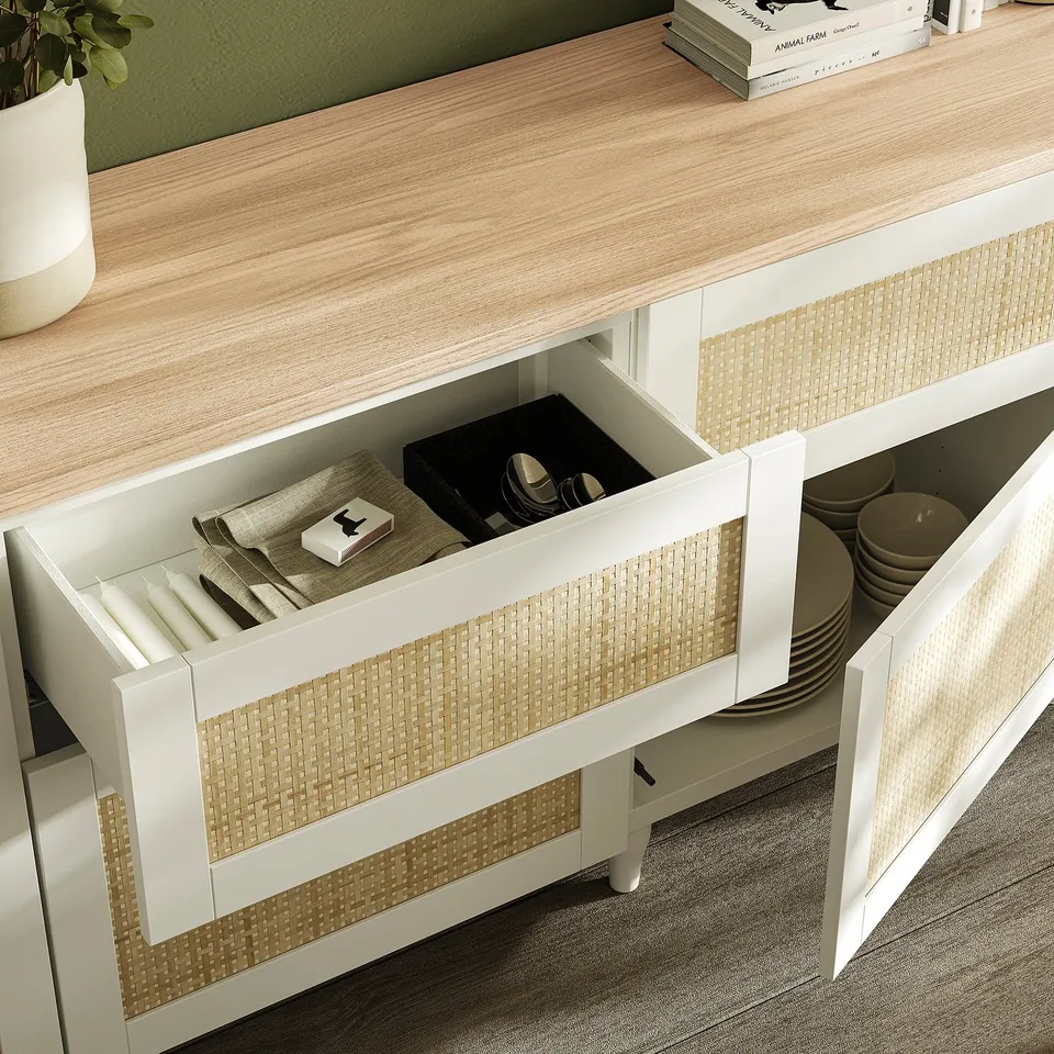 BESTÅ Storage combination, white/Studsviken woven poplar, 240x42x76 cm