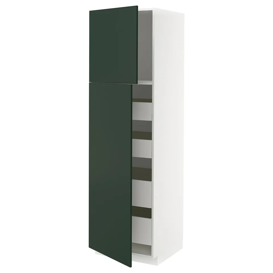 A modern, white METOD kitchen cabinet with dark green doors slightly ajar, revealing five shelves inside.