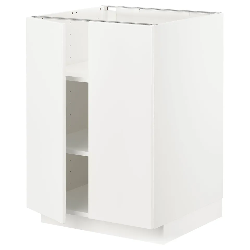 A white ikea METOD kitchen cabinet. Its rectangular, with one visible shelf inside.