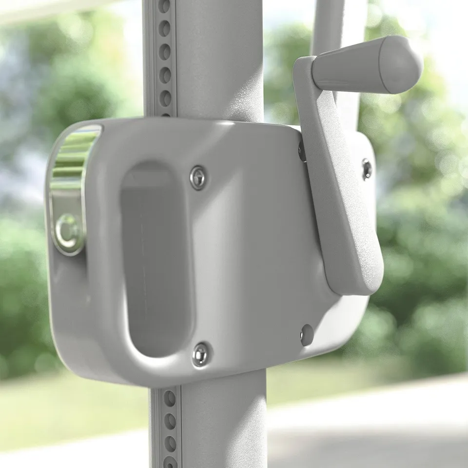 A grey SVALÖN parasol crank mechanism. It has a rectangular canopy and tilt function for sun protection.