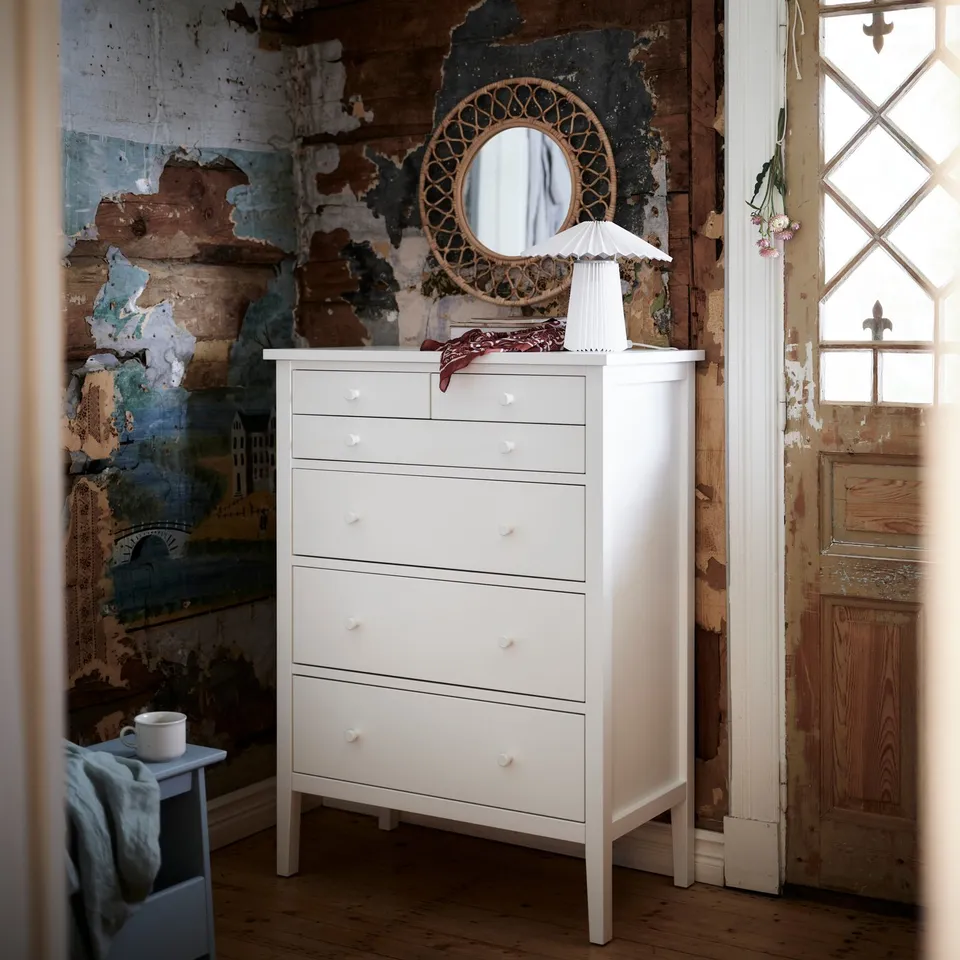 GULLABERG Chest of 6 drawers, white/anchor/unlock-function, 89x48x122 cm