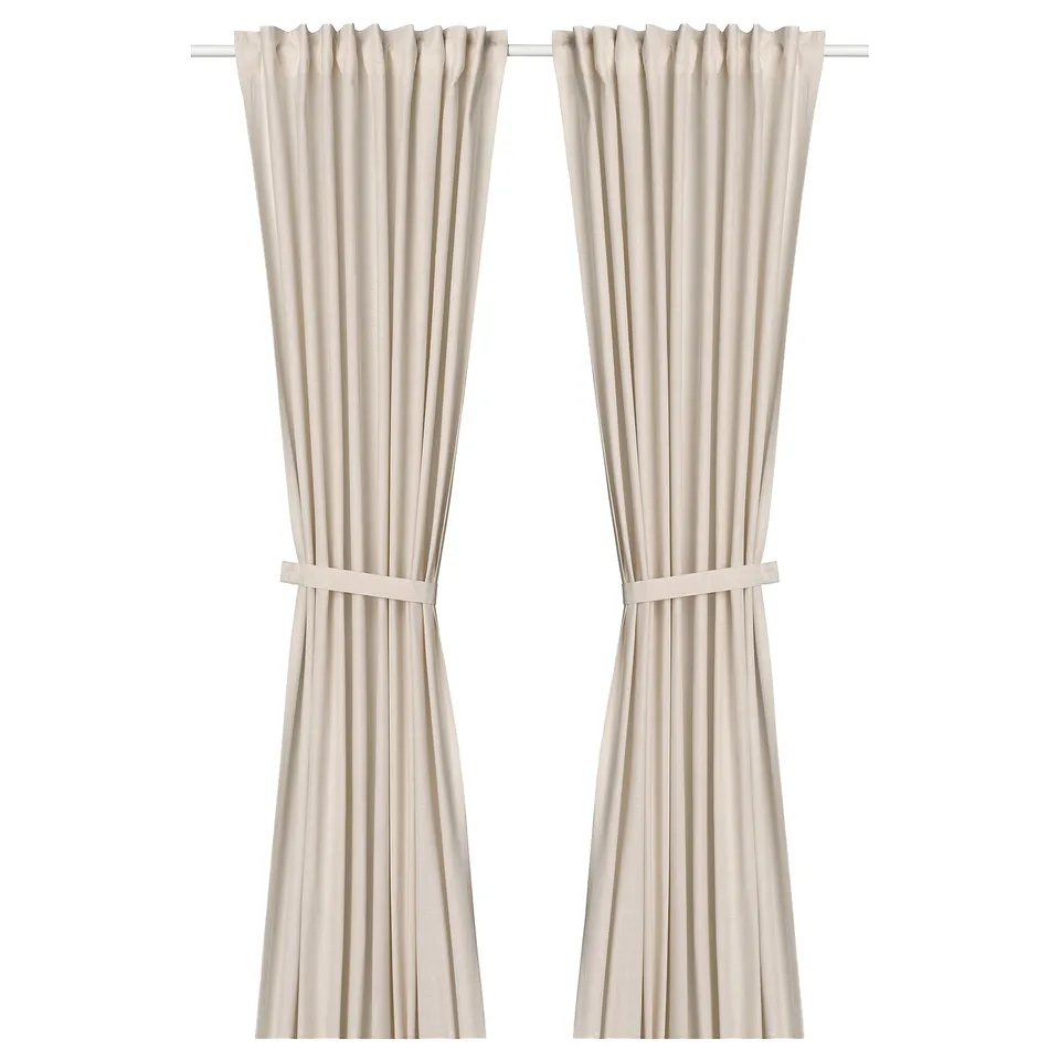 Off-white LENDA curtains tied back, made from 100% cotton, feature header tape and linear weave design.