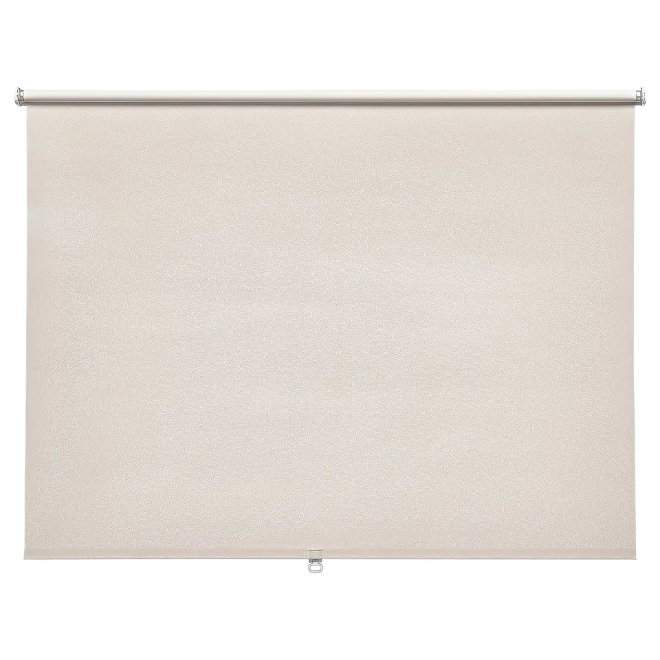 A beige FÖNSTERBLAD roller blind with a subtle circle pattern, offering light blockage and smooth operation.