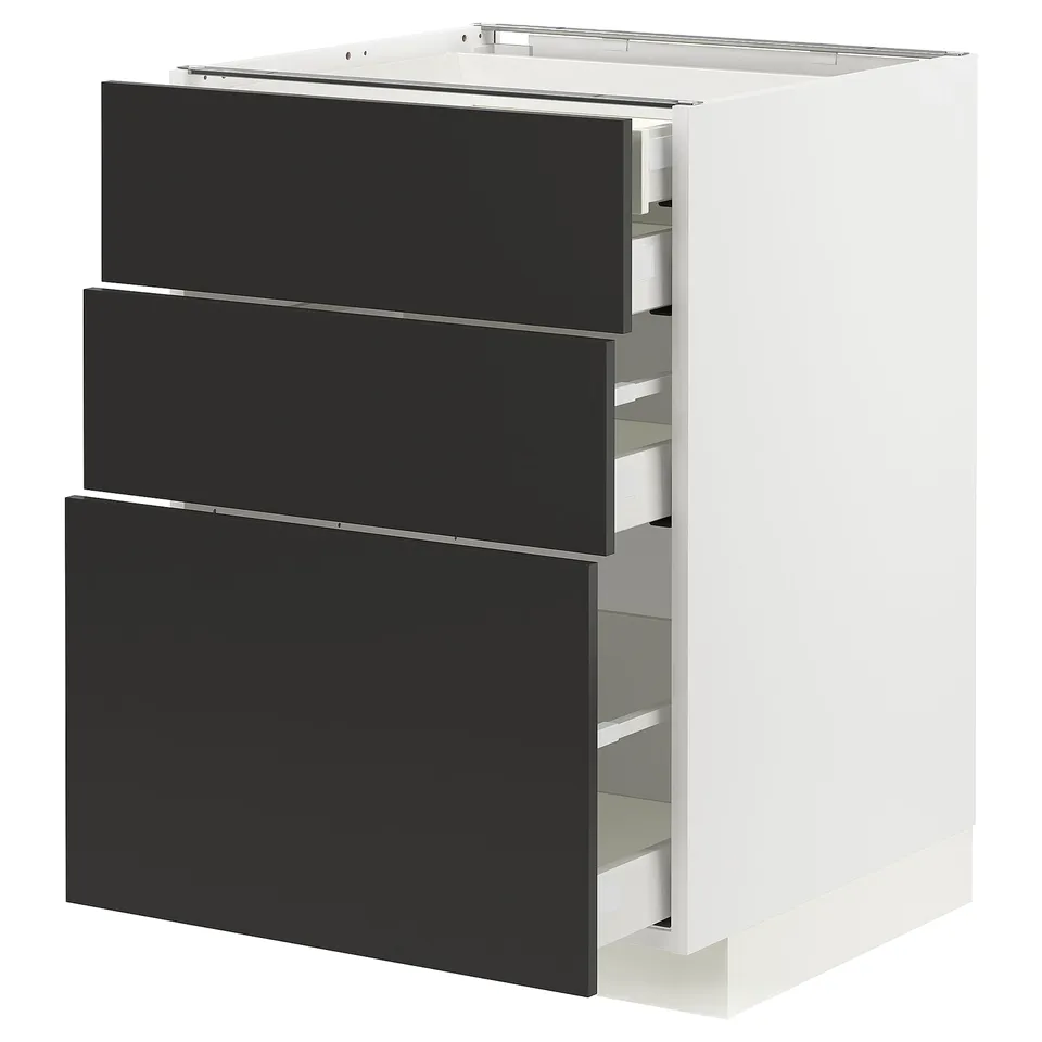 Modern kitchen cabinet with three black drawers, sleek design, sturdy white frame, and smooth drawer runners.