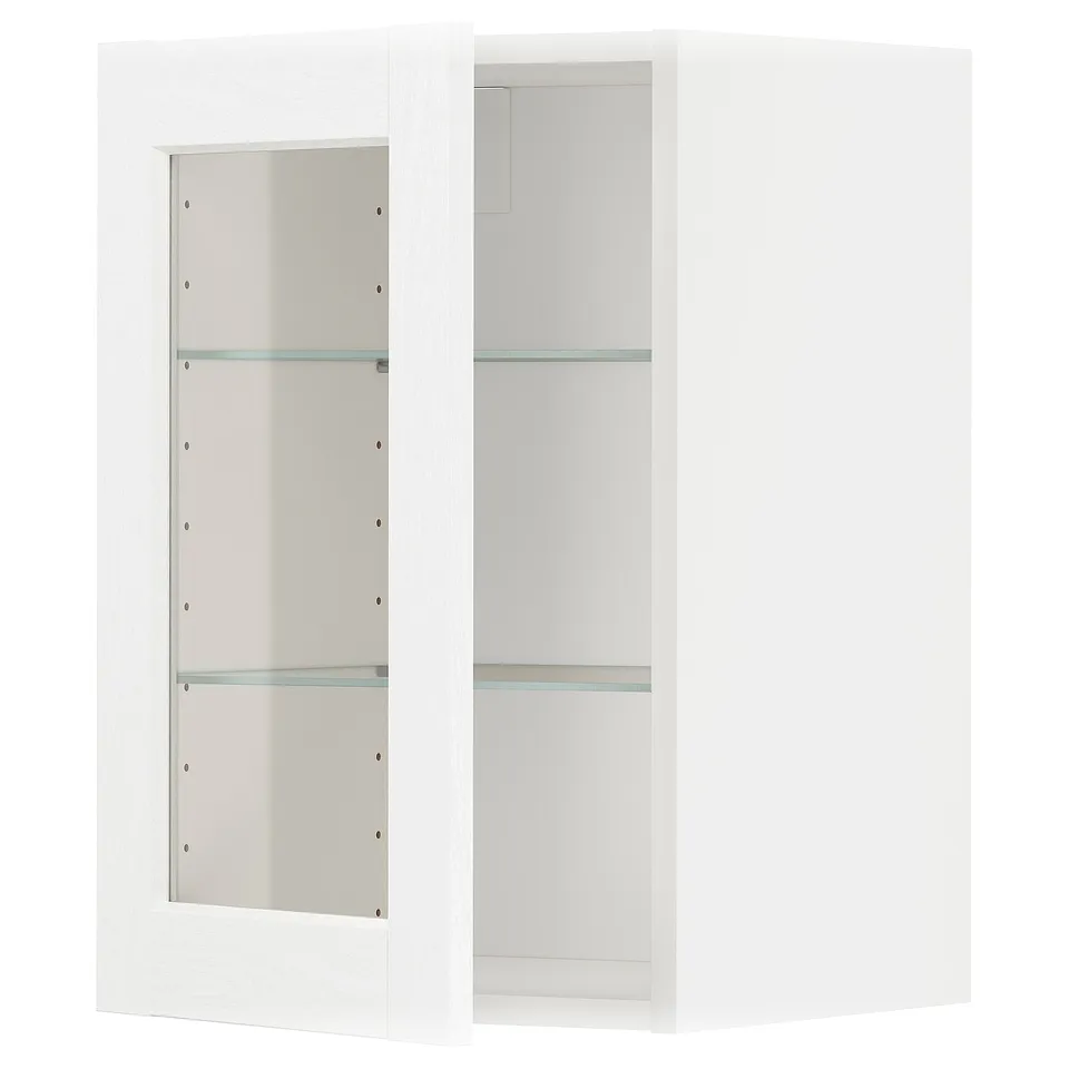 White METOD kitchen cabinet with glass doors and shelves.