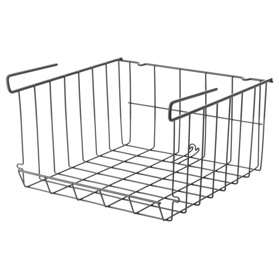 A grey metal OBSERVATÖR wire basket. It has a rectangular shape, sturdy handles, and a grid design. Perfect for storage.