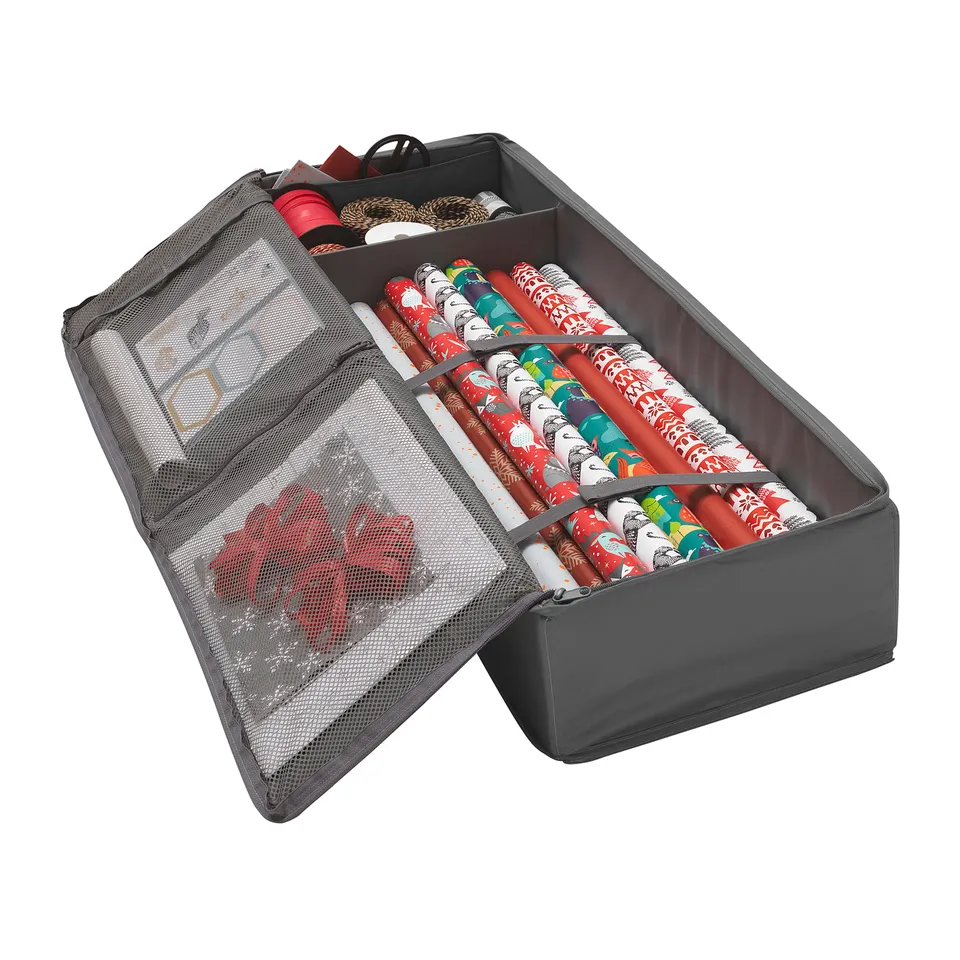 Organiser box with mesh lid, holding rolled wrapping paper and ribbon. Great for storage under beds or in wardrobes.