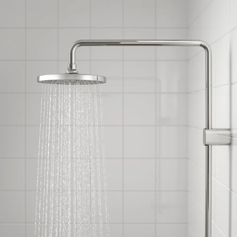 Modern chrome rain shower with adjustable arm on tiled wall.