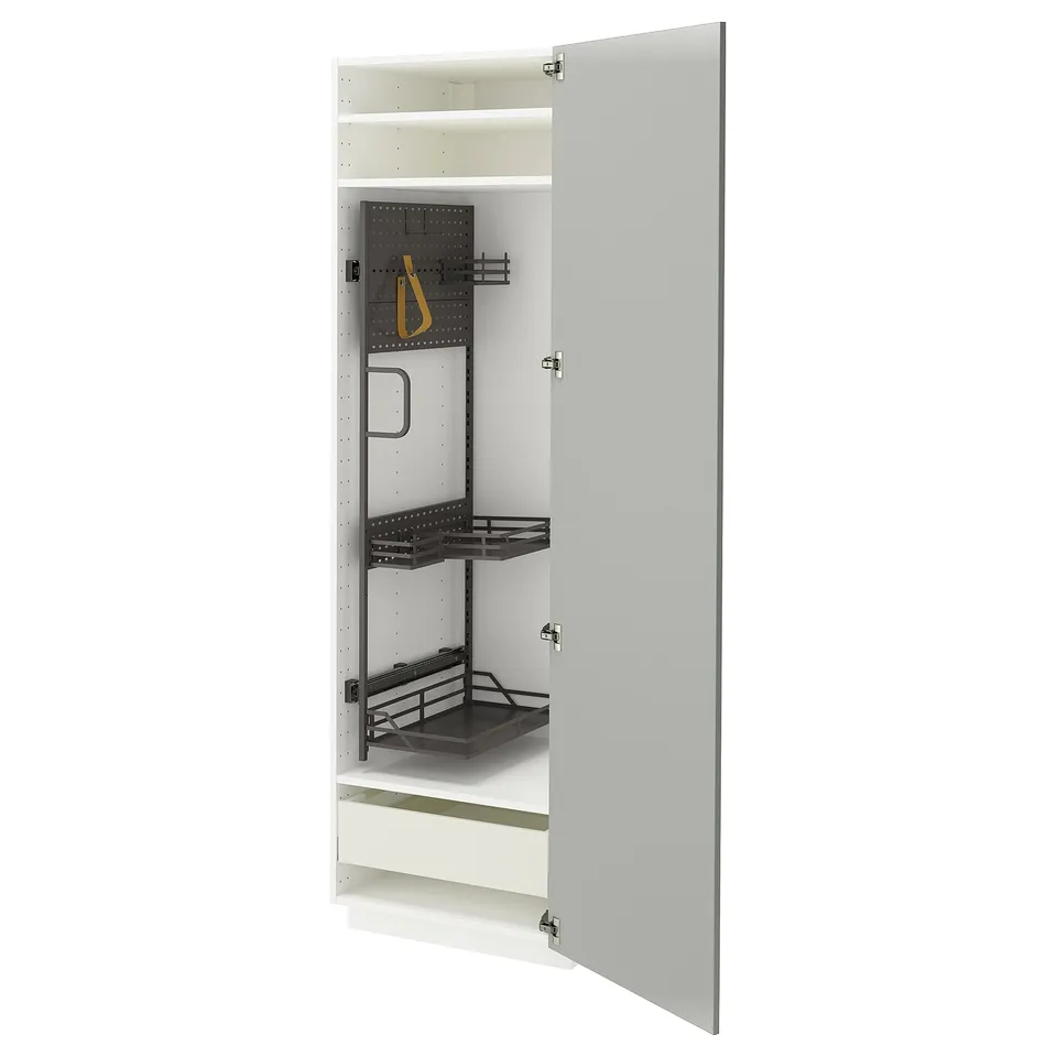 An open grey METOD cabinet with a modern design, featuring shelves and a pegboard for organisation.