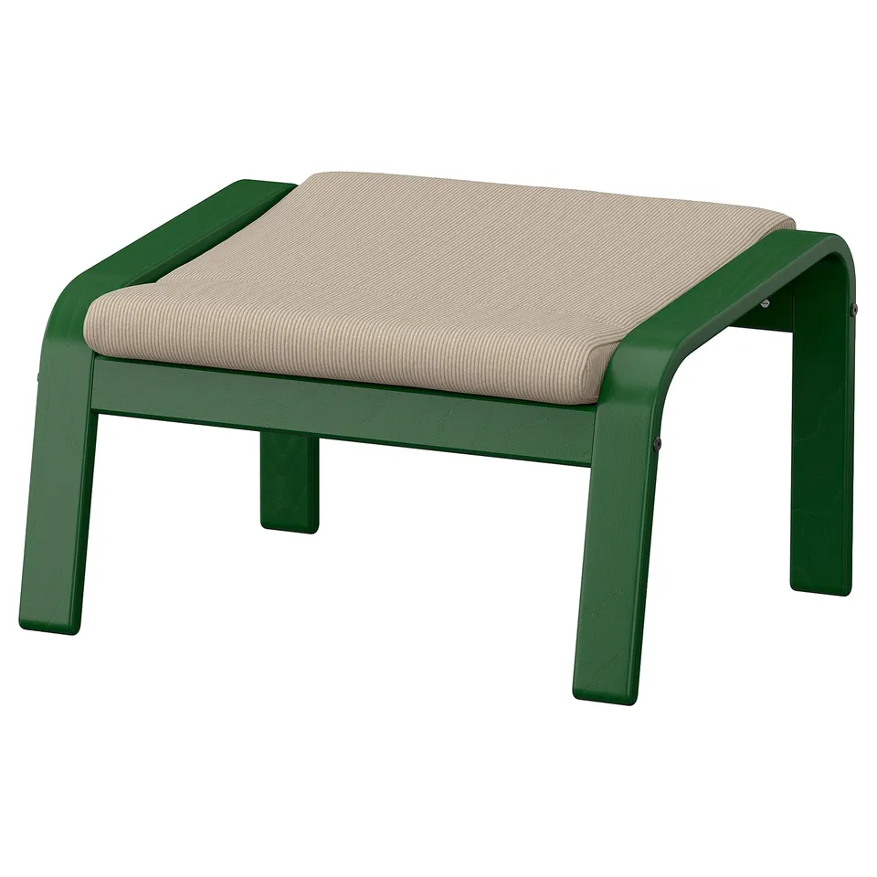POÄNG footstool: green frame, beige cushion, modern, square.