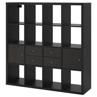 KALLAX shelving unit with 4 inserts, black-brown, 147x147 cm