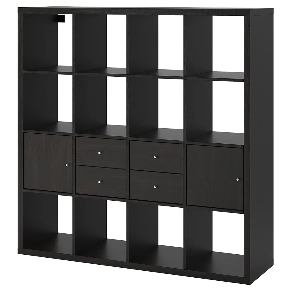 A black KALLAX shelving unit with drawers and cubes for storage. Its modern design includes empty compartments and drawers with round handles.