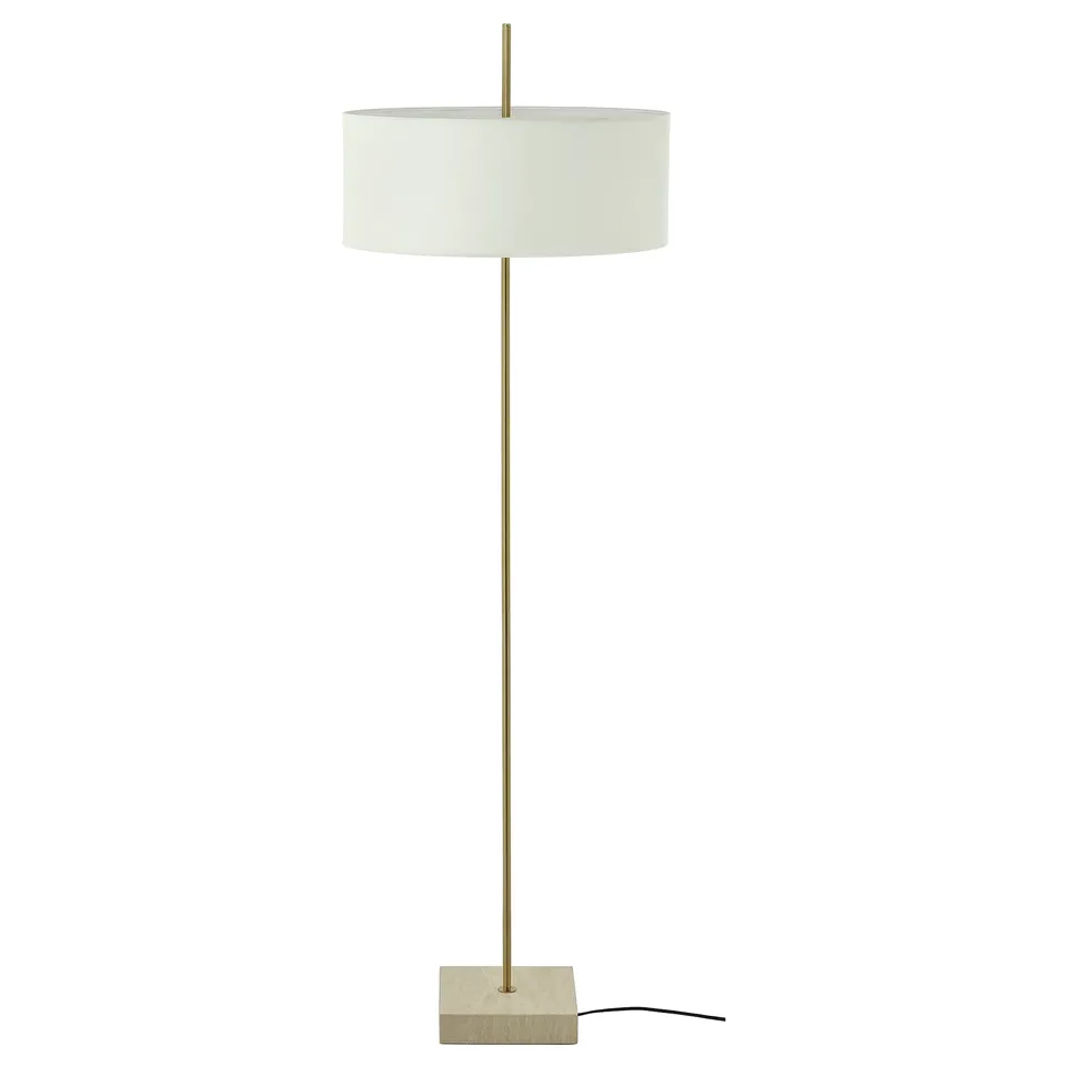The STOCKHOLM 2025 floor lamp with a brass-like base, natural stone base, and a cylindrical white shade.