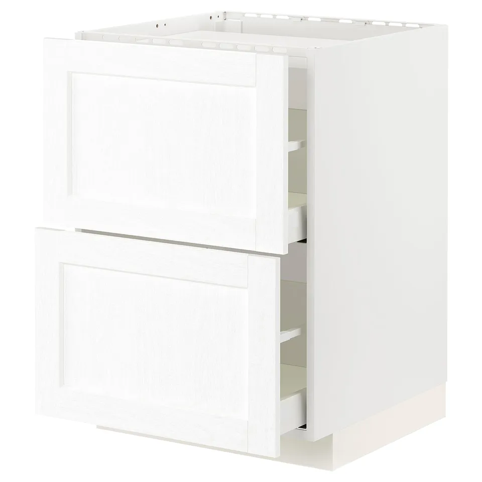 A white METOD kitchen cabinet with a classic wooden grain design and multiple shelves for storage.